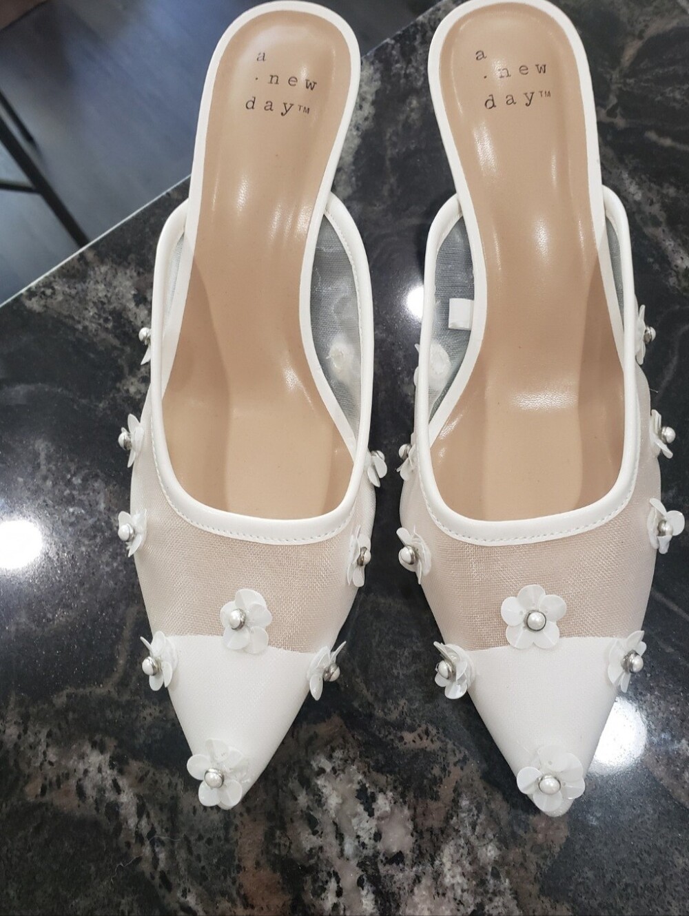 a new day White Floral Mesh Pointed Mules with Pearl Accents. Size 8